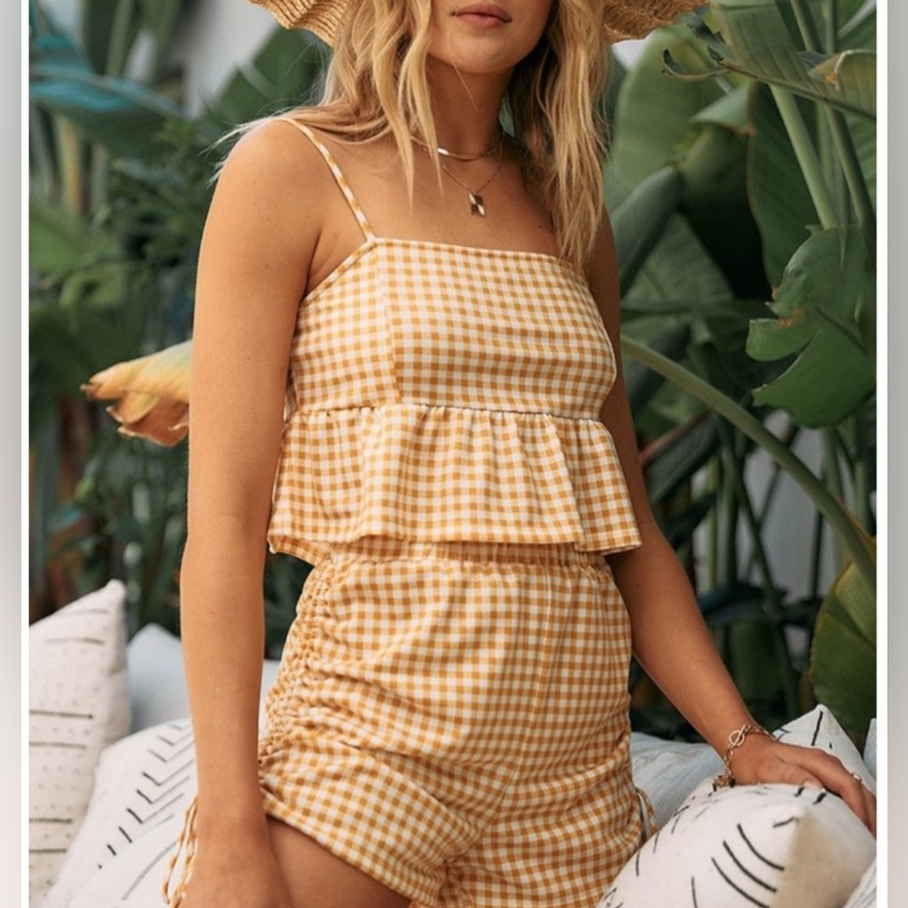 Endless Blu Yellow Gingham Peplum Crop Top
